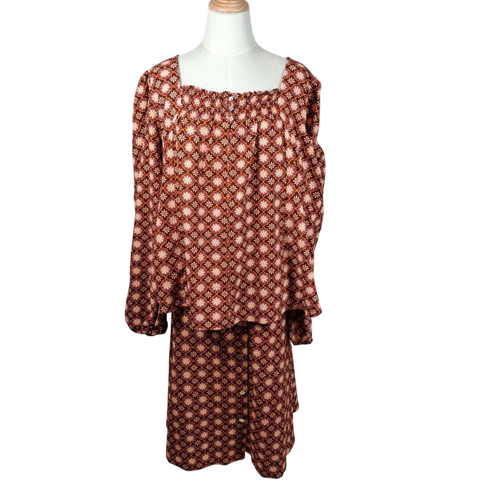 Draper James Womens Floral Geometric Top and Skirt Two Piece Set Burgundy XXL